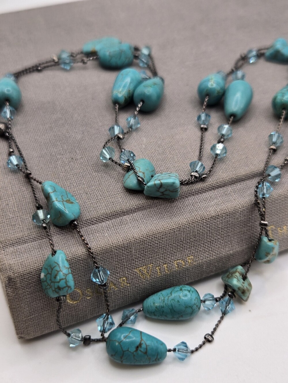 Turquoise Tone Howlite Necklace Long Station Silvertone Western Southwestern 37"
